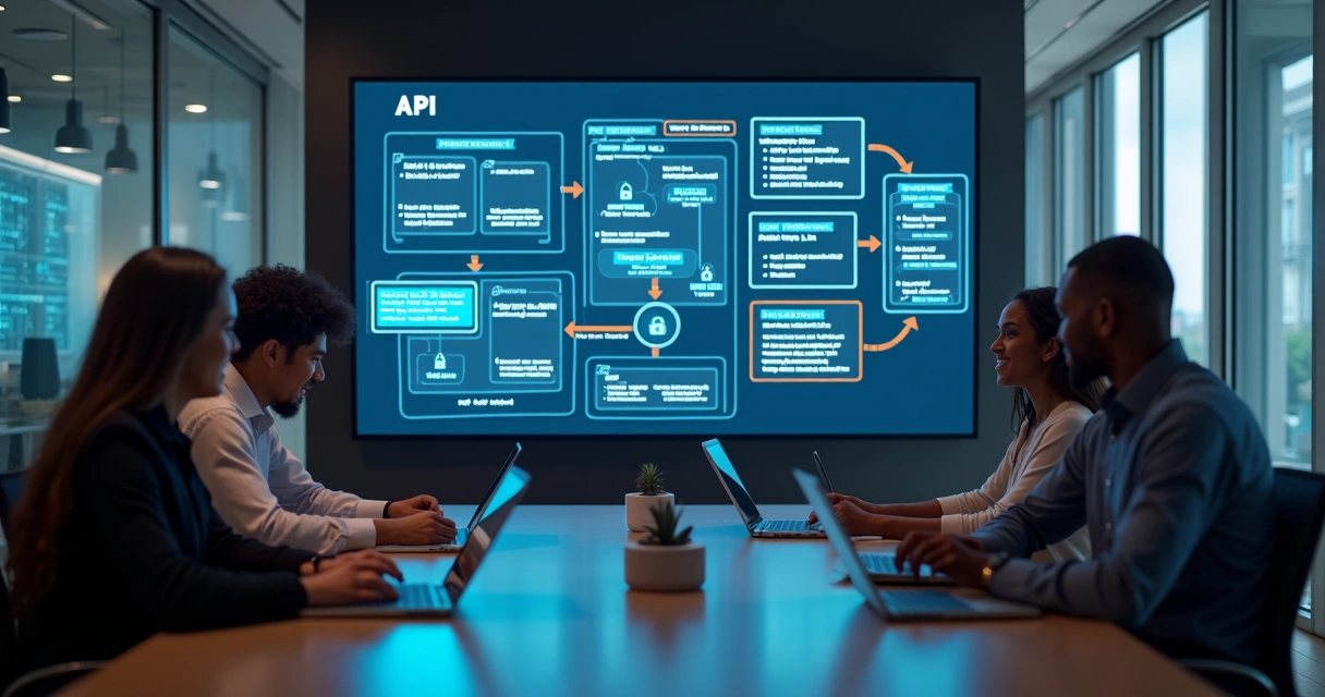 Team reviewing API architecture on a large screen