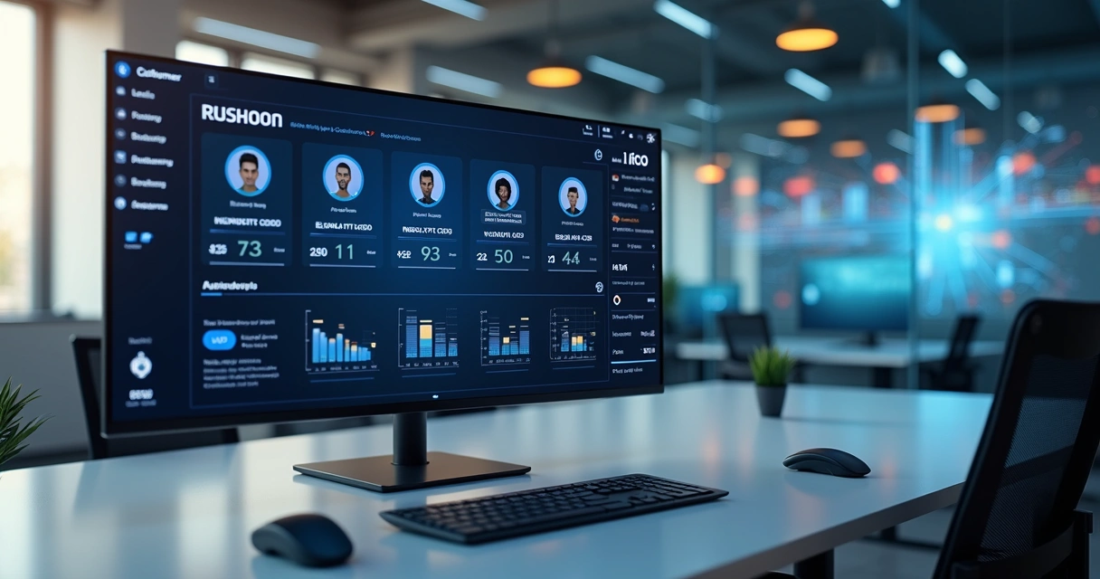 Tela de computador exibindo painel de checagem automática de KYC com dados de clientes e gráficos de análise, em ambiente moderno de fintech 