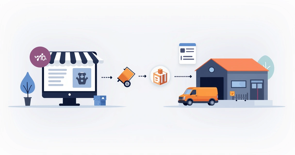 WooCommerce order flows through API to shipping partner, packages and a dashboard update 