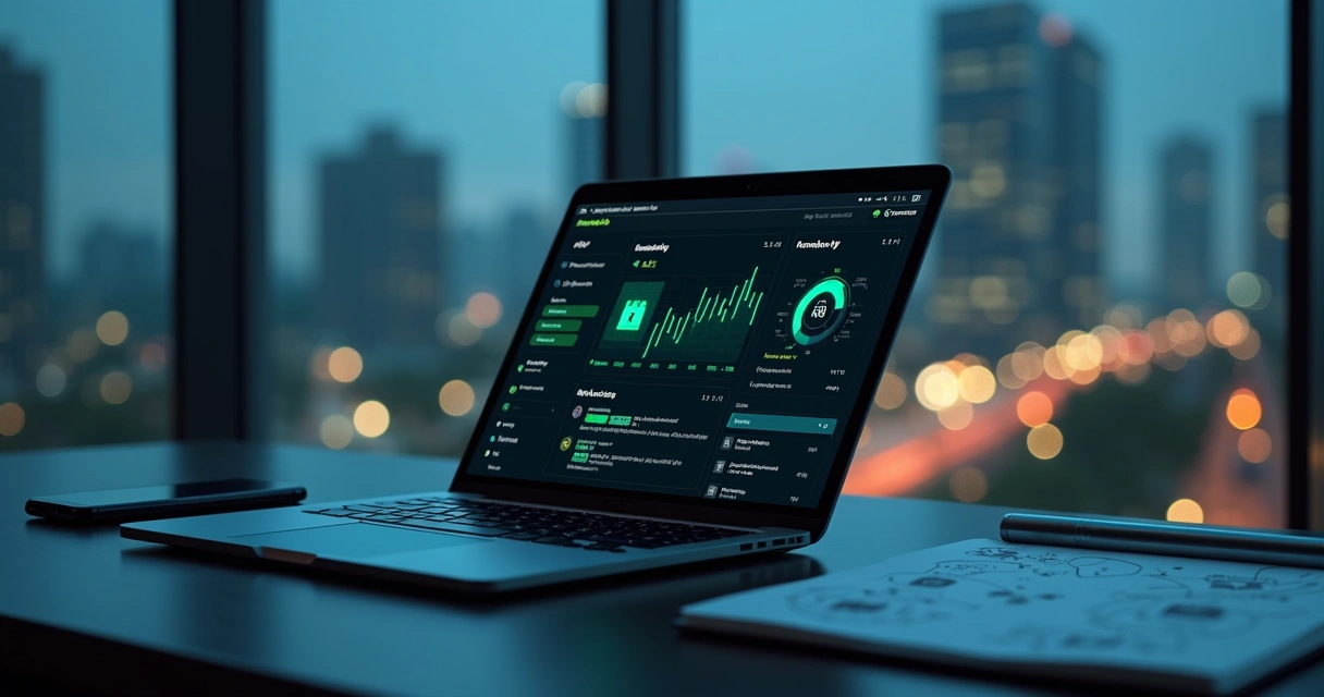 Dashboard de API bancária segura em laptop com ícones de segurança e bancos 