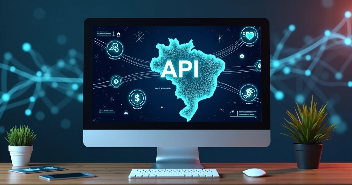 Painel de APIs bancárias exibidas em tela de computador e integrações com aplicativos financeiros. 