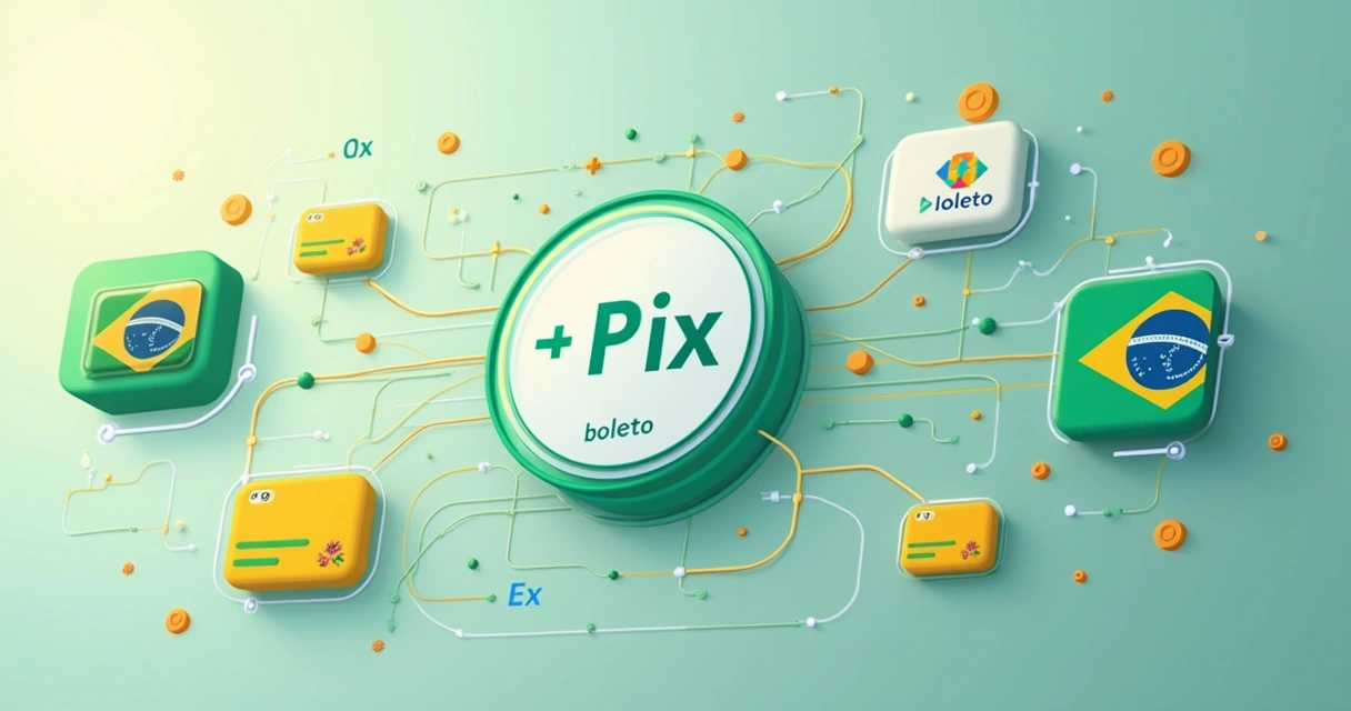 Fluxo de pagamentos mostrando integração Pix e boletos em plataforma digital 