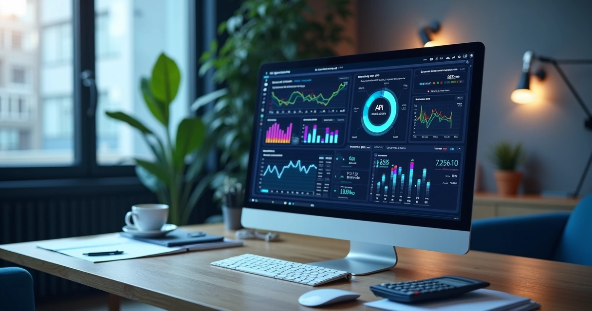 Interface digital mostrando integração de APIs para compliance fiscal com gráficos e dados em tela de computador 