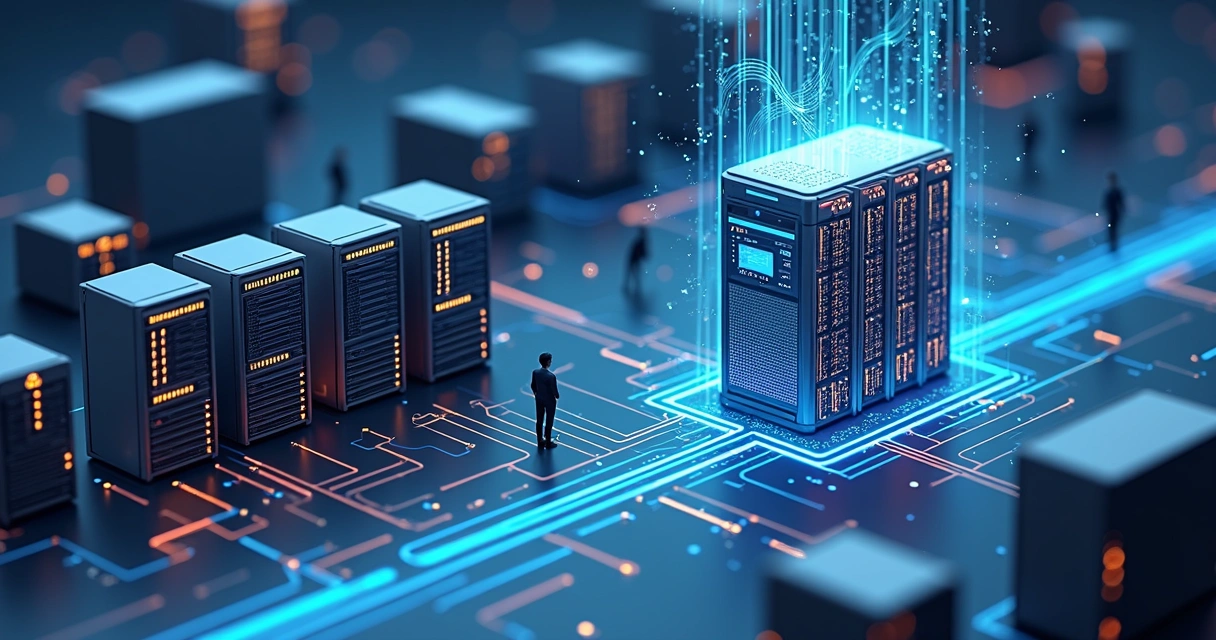 Ilustração de sistemas antigos conectados por API com inteligência artificial