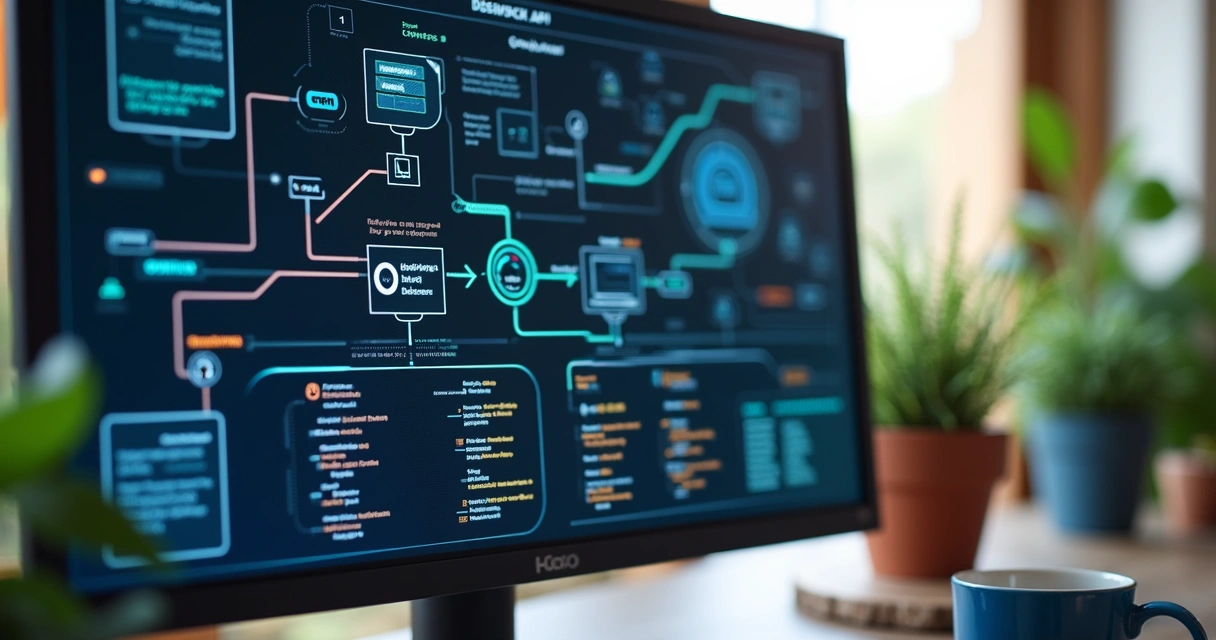 Tela de computador exibindo integrações de API de dados com gráficos e conexões digitais 