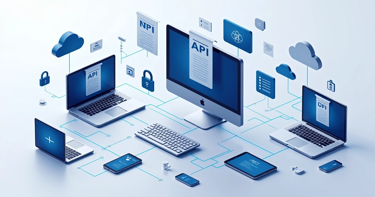 Ilustração de um fluxo de APIs conectando sistemas e documentos de especificação