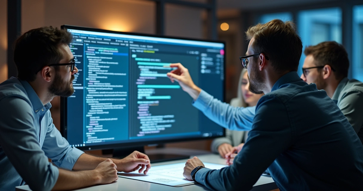 Multi-ethnic software team creating API documentation on a large digital screen 