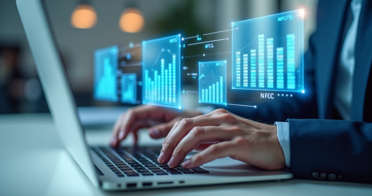 Mãos digitando em teclado com telas de código e gráficos digitais de API para emissão de nota fiscal ao fundo