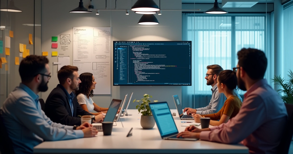 Equipe de TI integrando sistema com API em escritório moderno