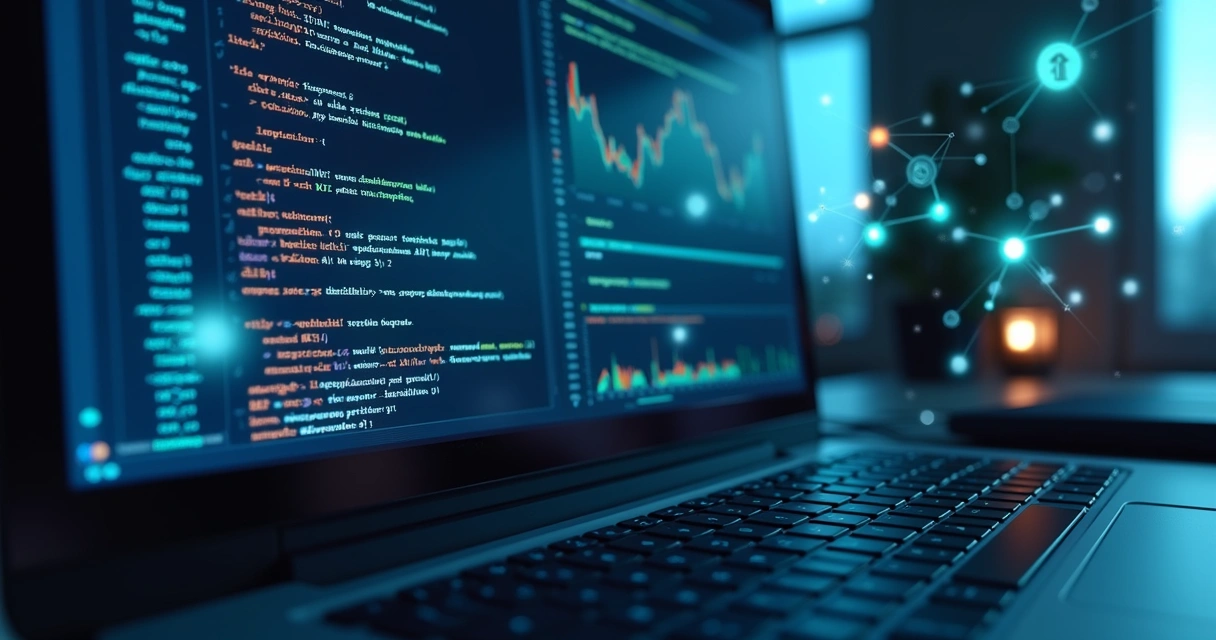 Tela de computador exibindo código de API e gráficos de monitoramento de endpoints com ícones de segurança digital