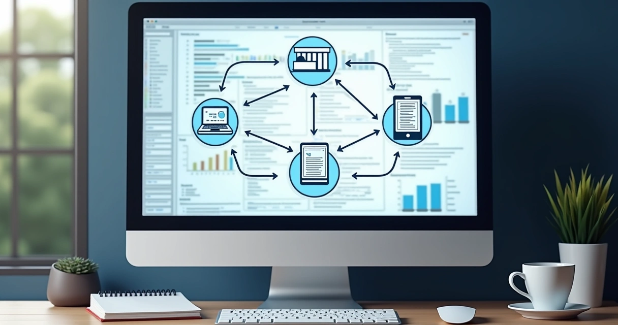 Tela digital com diagramas mostrando integração API financeira 