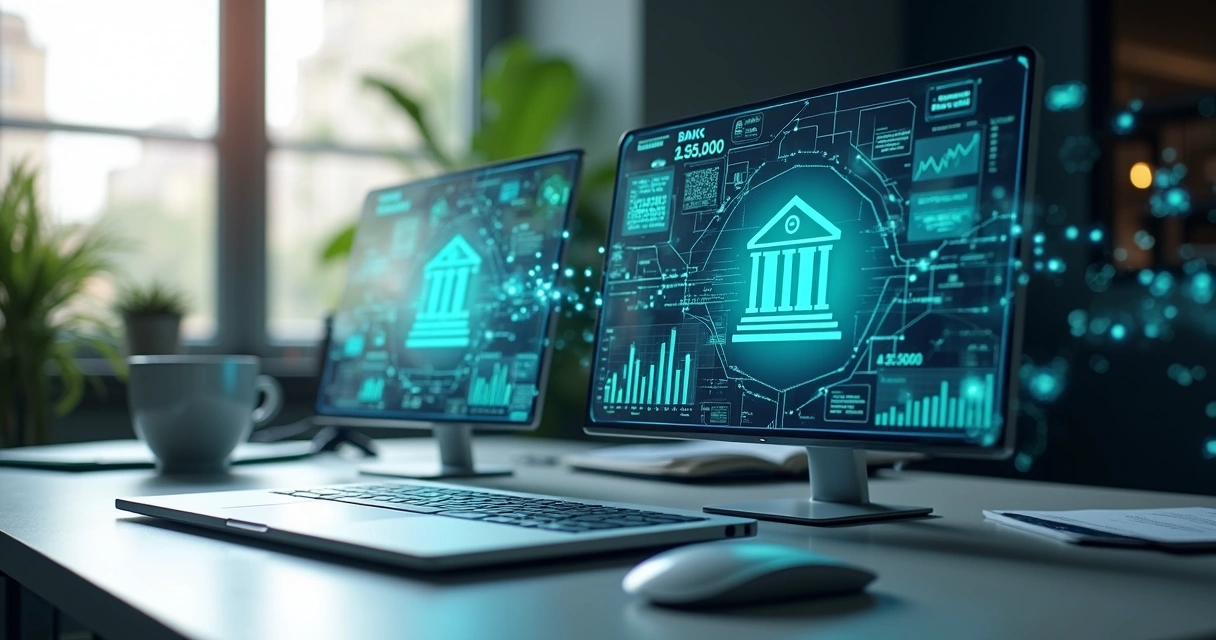 Ilustração realista de integração entre sistemas bancários e contábeis com ícones digitais conectados por linhas e gráficos financeiros ao fundo 