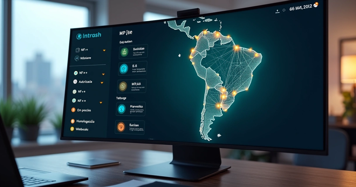 Painel com mapa do Brasil destacando integrações fiscais multirregionais 