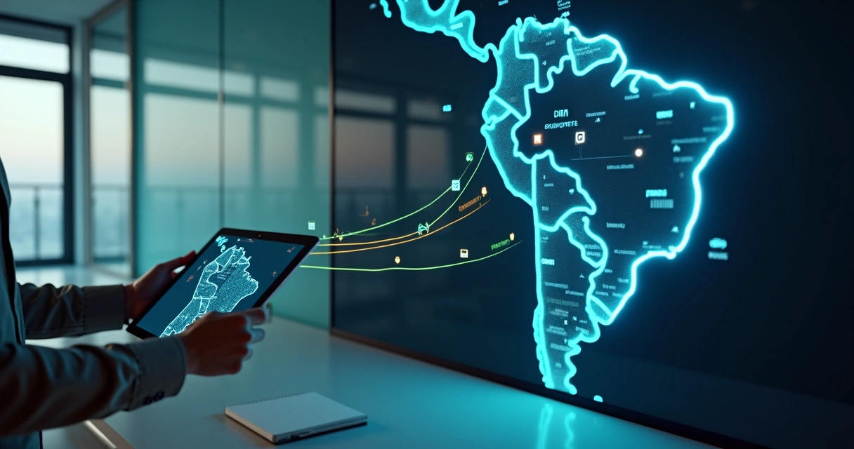 Mapa do Brasil com rotas digitais conectando estados e ícones fiscais 