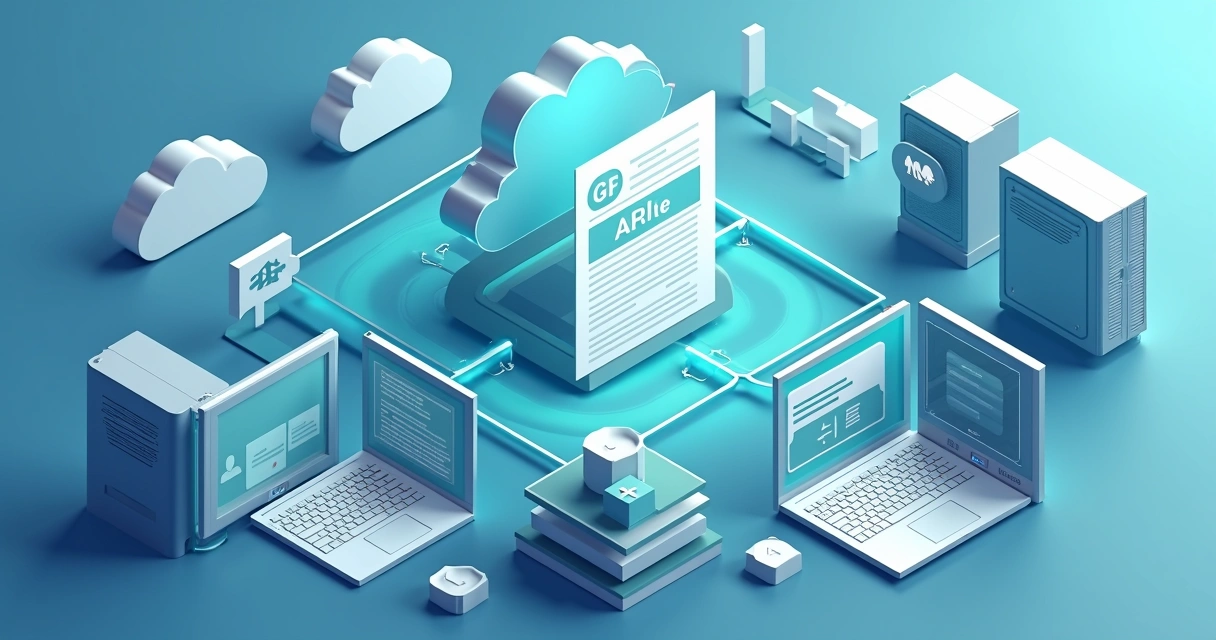 Ilustração de SaaS conectado a API fiscal na nuvem, com múltiplos computadores e notas fiscais digitais 
