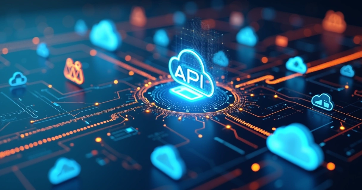 Representação de API de inteligência artificial conectando diferentes sistemas