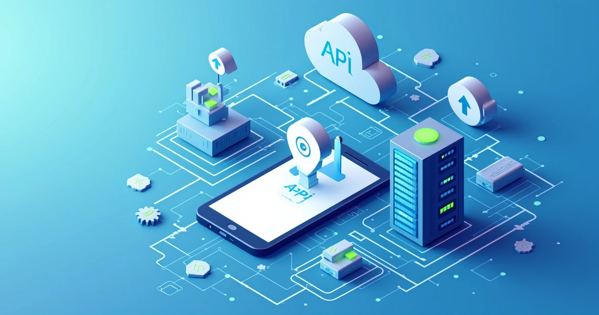 Ilustração de um app conectado a APIs empresariais e banco de dados 