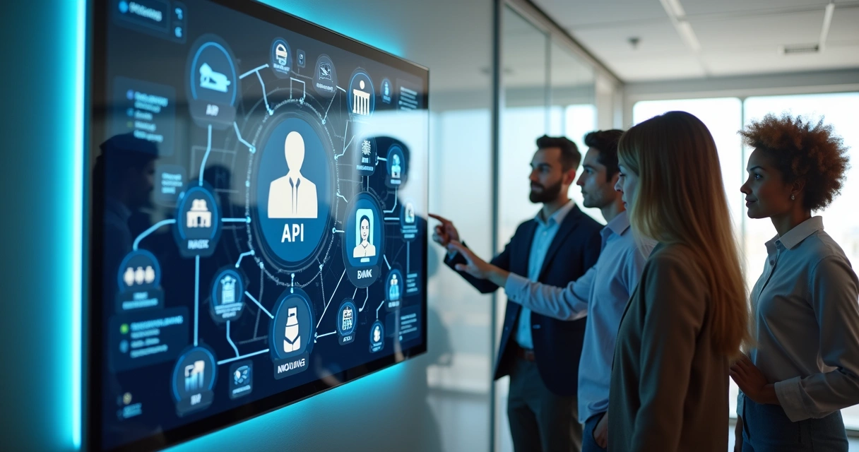 Equipe usando um painel digital exibindo integrações de APIs cadastrais