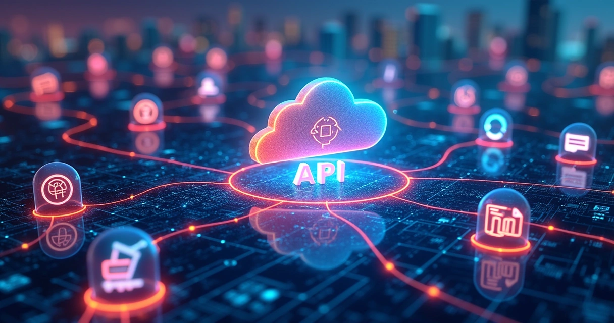 Representação gráfica de sistemas conectados por APIs, com diferentes aplicativos trocando dados por linhas coloridas 