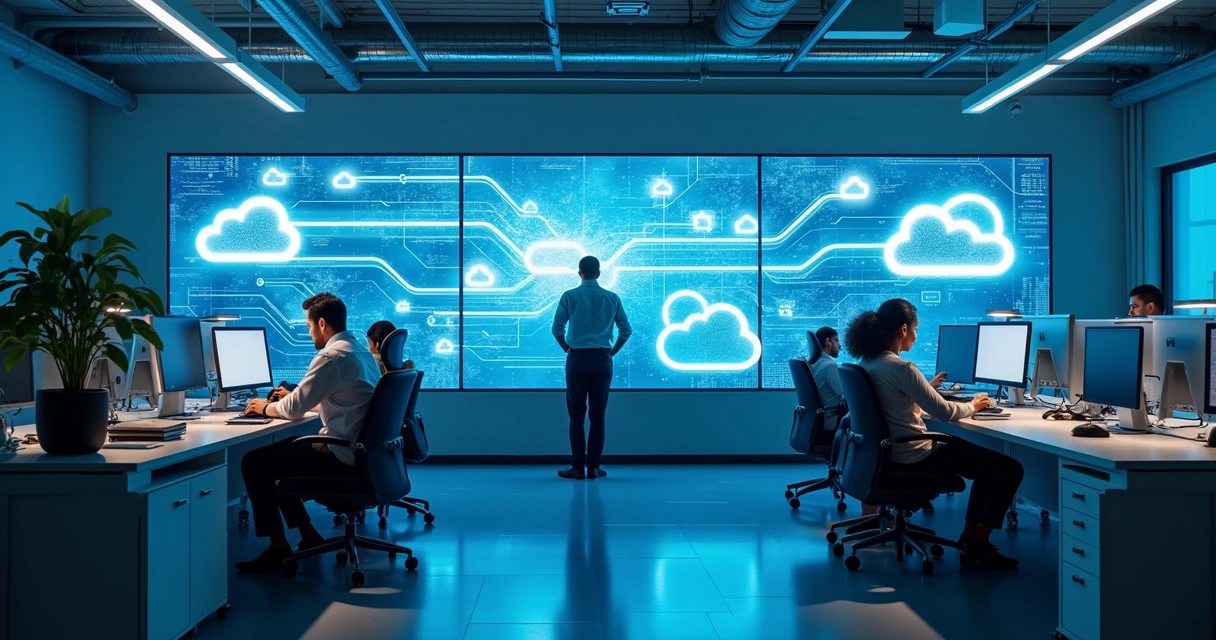 Ilustração de integração de dados fiscais por API em um escritório moderno 