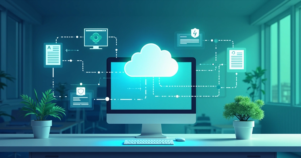 Representação de integração de sistema com API direta e dados fluindo entre computador e nuvem 