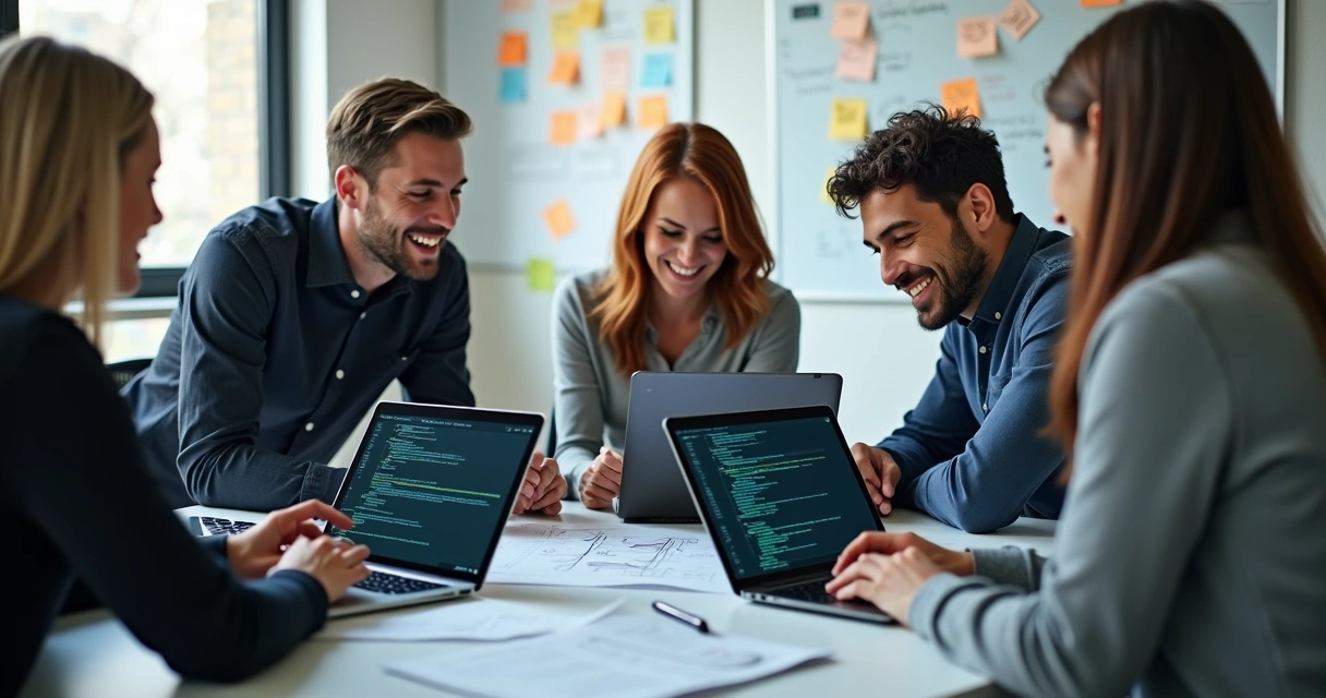 Equipe de TI configurando integração de API com tablets e laptops 