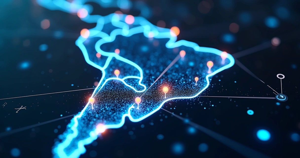 Ilustração de APIs conectando diferentes sistemas empresariais em um fundo azul. 