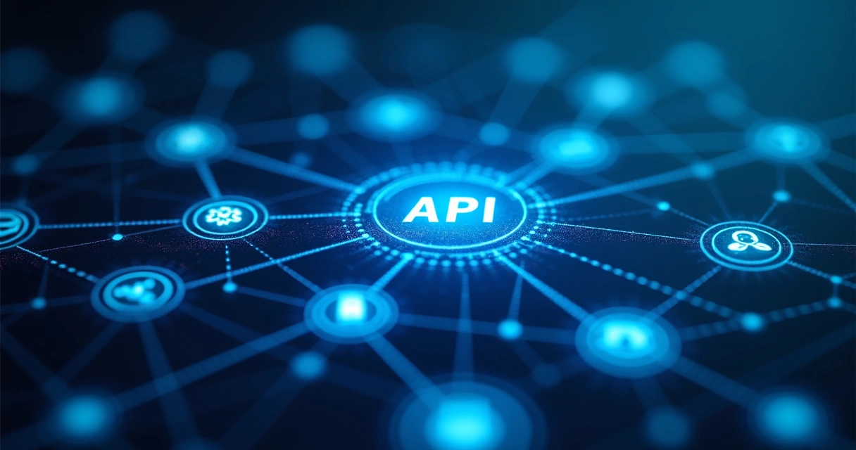 API connections between business apps on blue background 