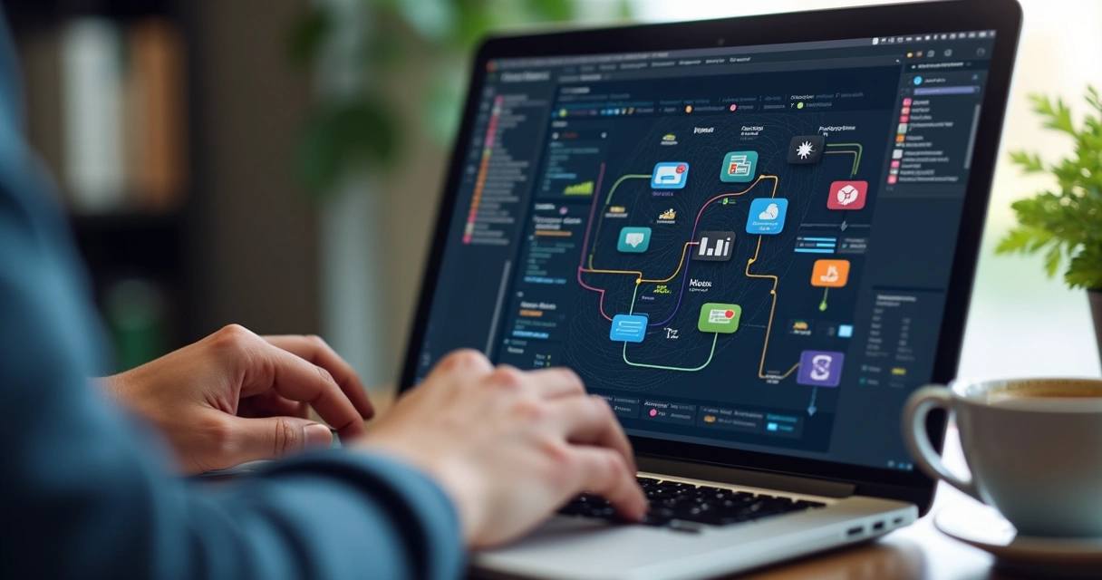 API integration diagram on developer laptop screen 