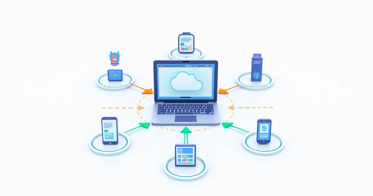 Web application api integration illustration with icons and flow arrows