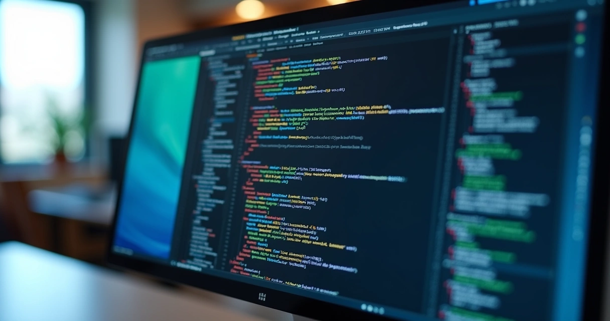 Computer screen showing API code connecting legacy software systems with modern interfaces in a bright office setting 