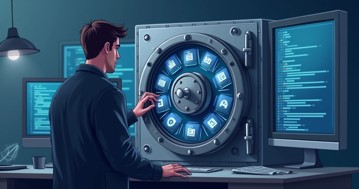Pessoa fechando um cofre digital com arquivos de configuração visíveis ao fundo