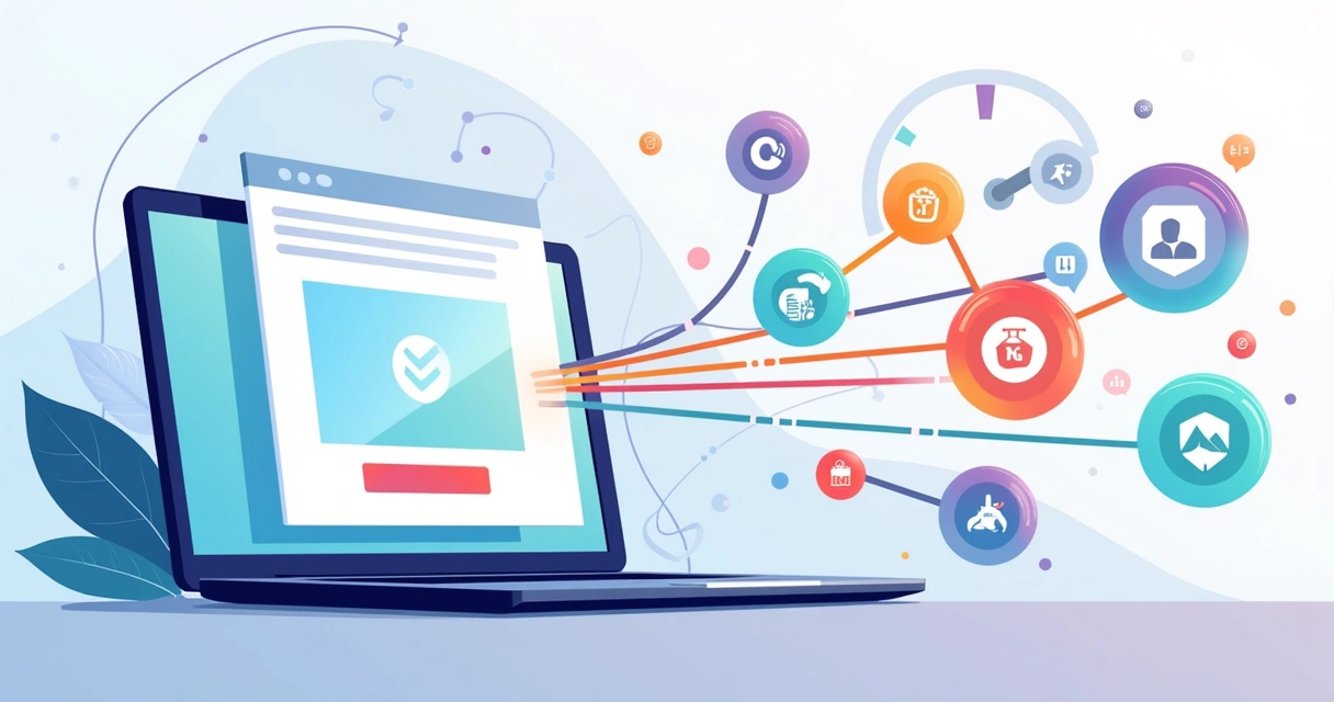 Landing page se conectando a vários ícones de APIs por linhas coloridas 