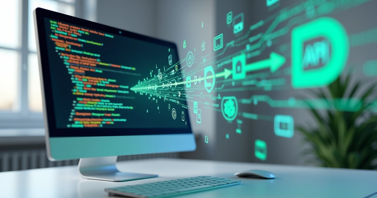 Interface com códigos de API e gráficos conectando diferentes sistemas 