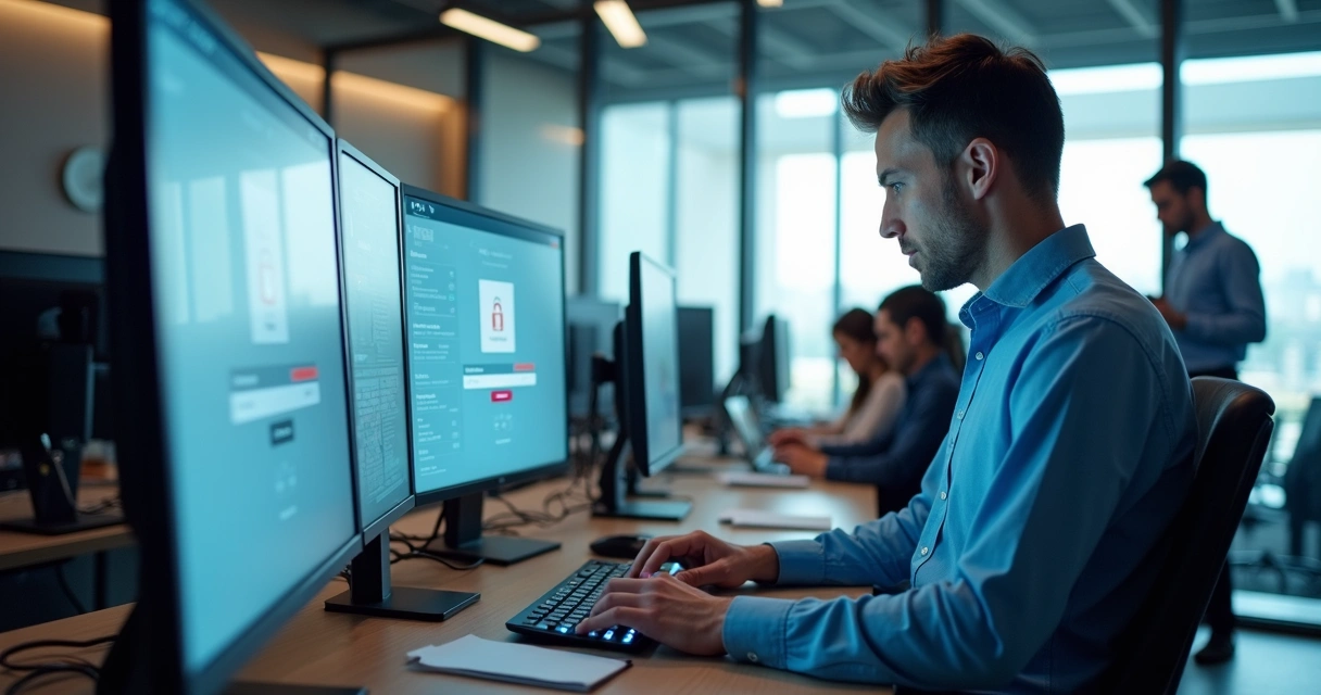 Técnico realizando integração da API Meta em computadores de escritório 