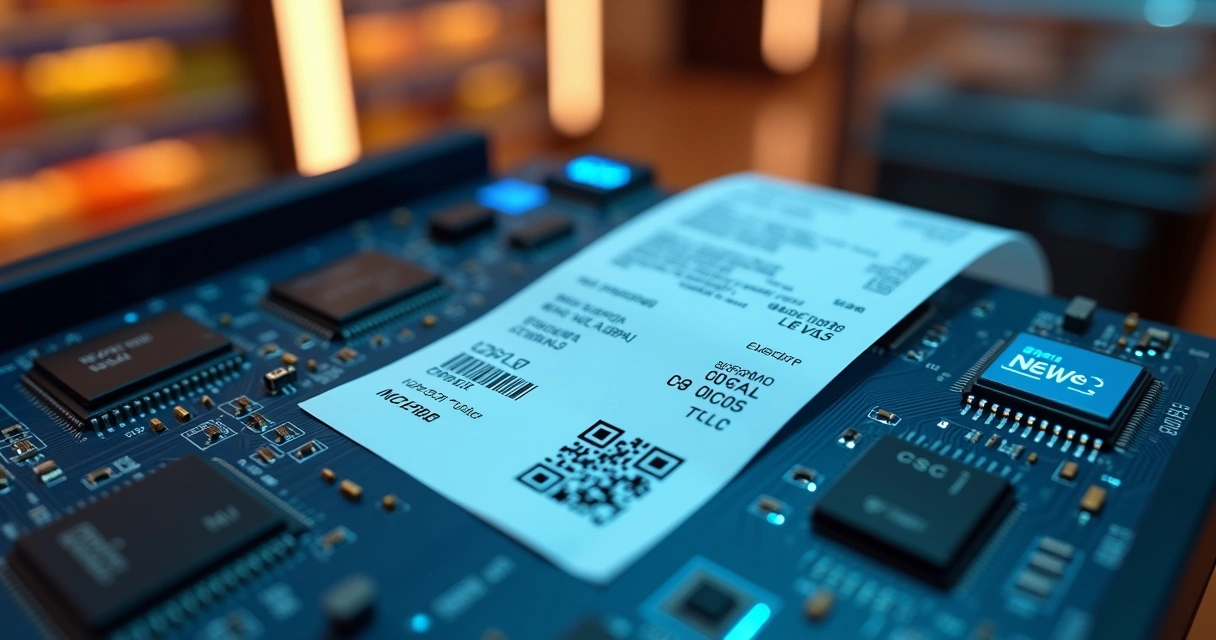 Visão macro de detalhes de NFC-e impressa sobre placa de circuito em ponto de venda 