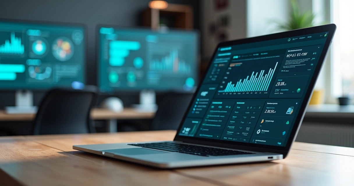 Painel de notas fiscais integradas via API em tela de notebook com gráficos e ícones de nuvem 