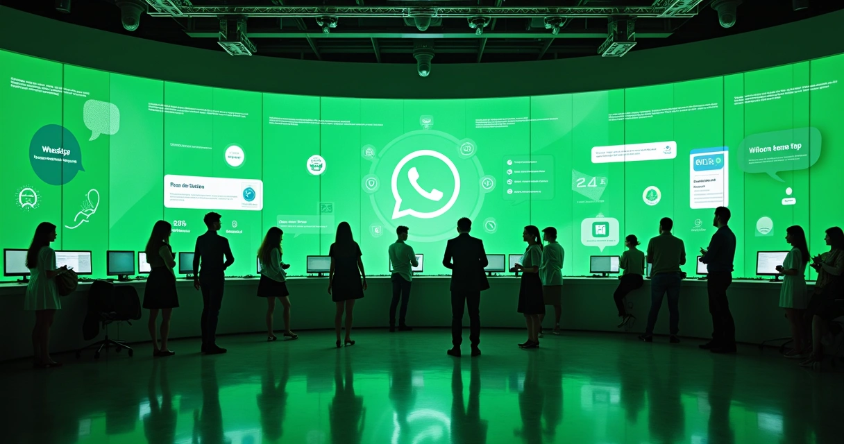 Painel de atendimento com várias conversas do WhatsApp em uma tela grande ao fundo 