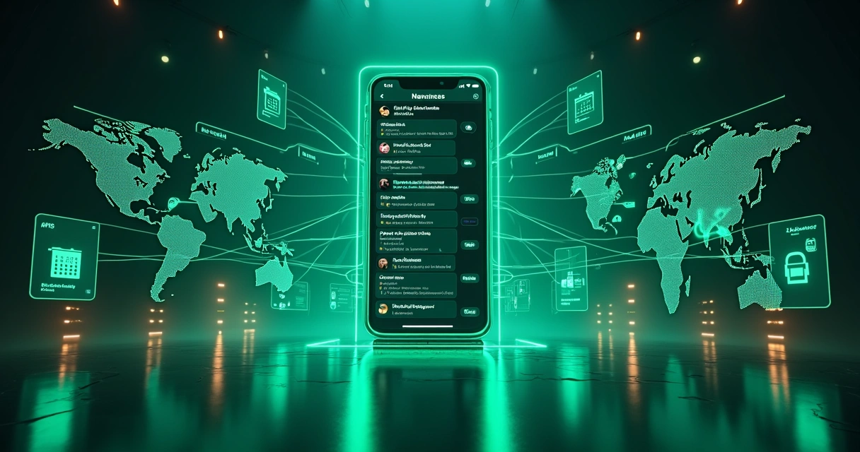 Celular gigante controlando múltiples chats de WhatsApp conectados a sistemas de negocio 