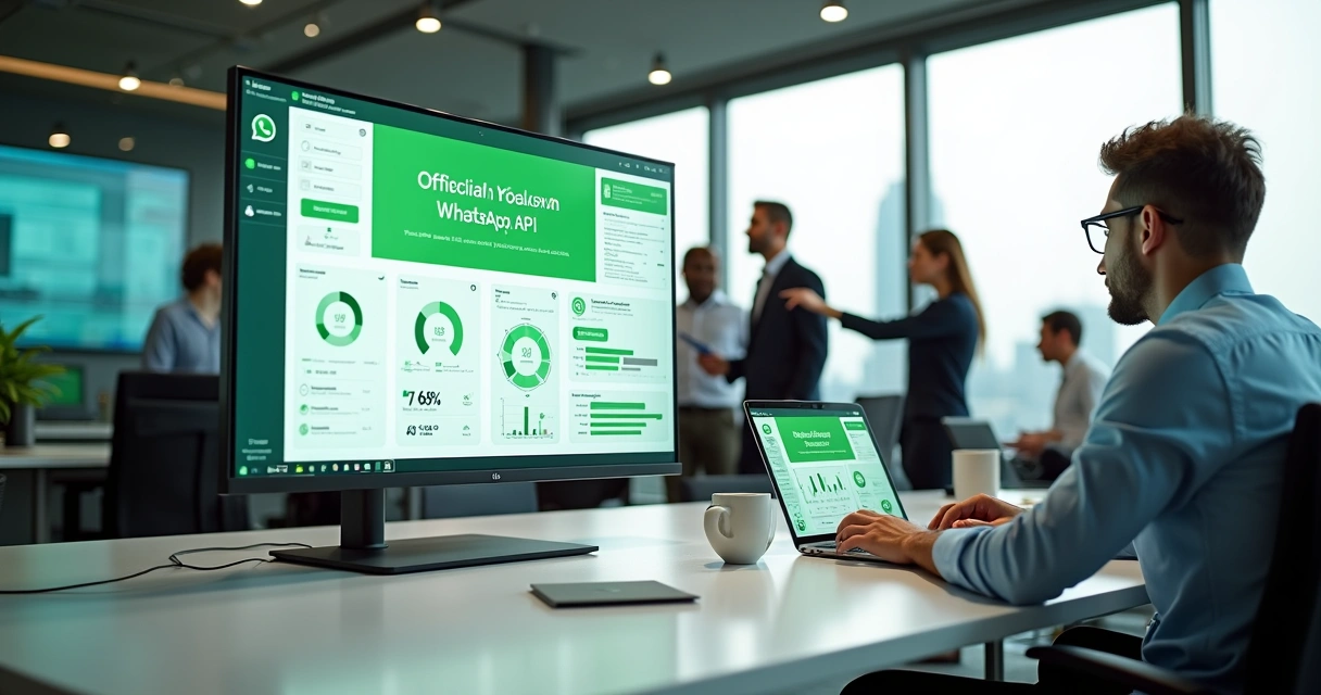Painel de empresa exibindo automação segura no WhatsApp com gráficos de crescimento 