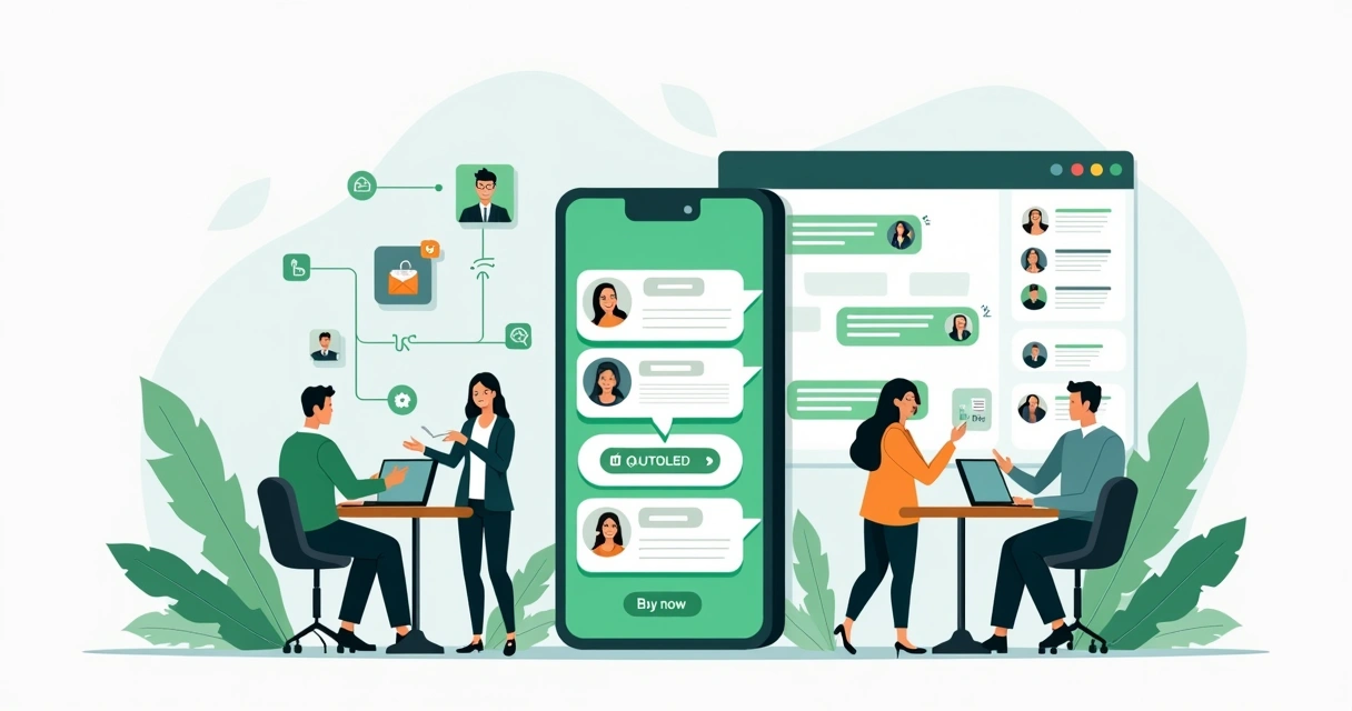 Ilustração corporativa mostrando equipe usando API oficial do WhatsApp para aumentar vendas 