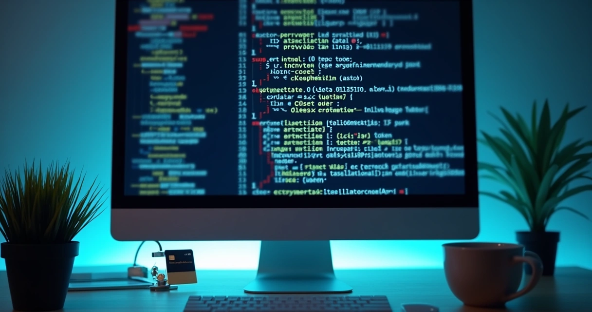 Código em tela de computador mostrando transação segura de pagamento