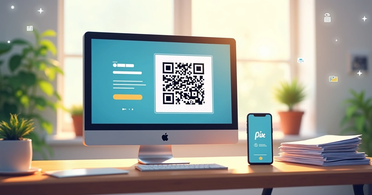 Código QR Pix em tela de computador e smartphone 