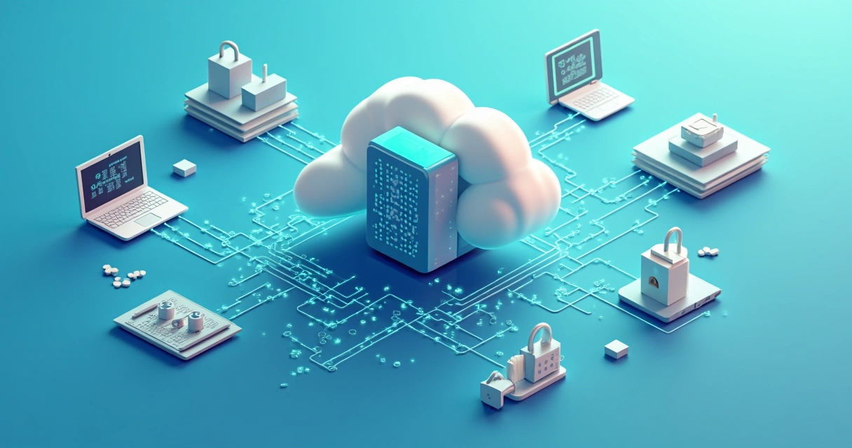 Ilustração de API pública protegida com cadeado digital flutuando sobre conexões