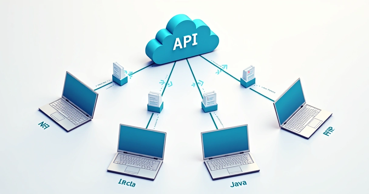 Diagrama ilustrando integração API REST com diferentes stacks como Node, Python, Java, PHP. 