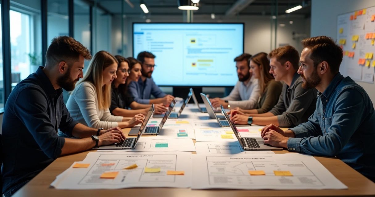 Equipes de desenvolvimento discutindo sobre APIs em uma mesa