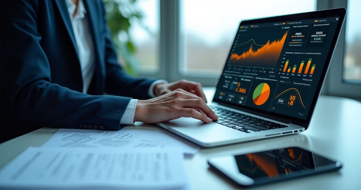 Pessoa usando computador com gráficos e dados fiscais na tela para análise de clientes com APIs e redução de atrasos fiscais 