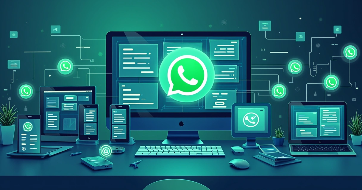 Ilustração de painel de controle do WhatsApp com fluxos automatizados entre diferentes sistemas 