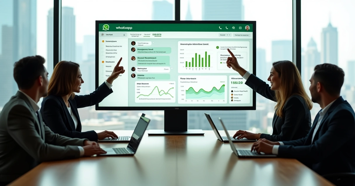 Painel com API de WhatsApp exibindo conversa empresarial e gráficos de desempenho 