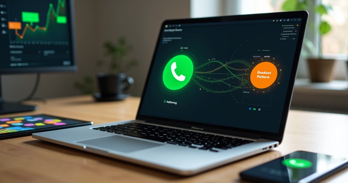 Notebook com integração entre WhatsApp e Hotmart em painel moderno 